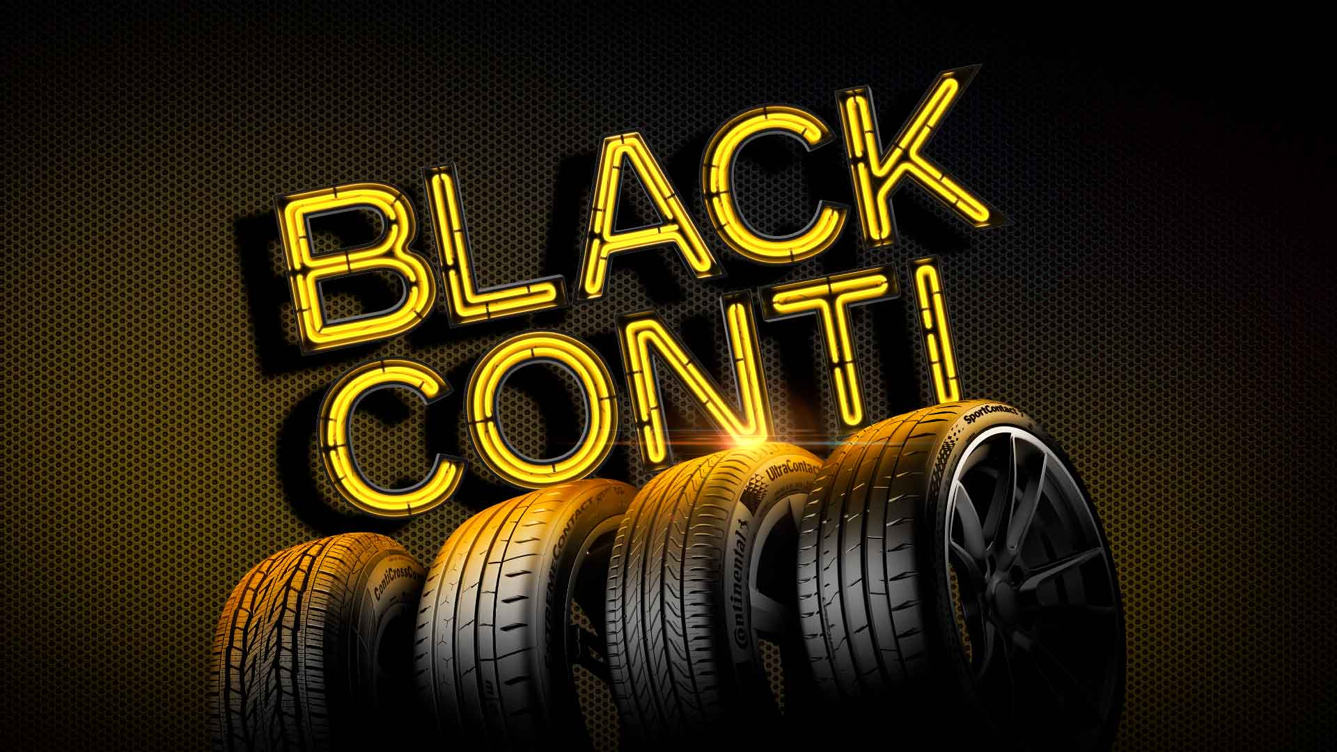 (Promoção Black Conti 2024 da Continental Pneus. Fundo preto com textura metálica, destaque para o texto 'Black Conti' em letras amarelas com efeito neon e fileira de pneus UltraContact e SportContact 7 alinhados abaixo)