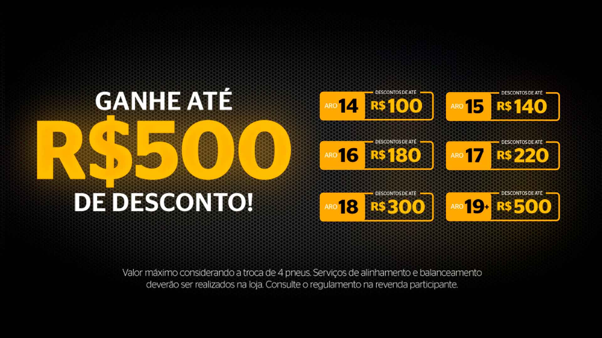 (Promoção Black Friday Continental Pneus 2024: Ganhe até R$ 500 de desconto na troca de 4 pneus. Descontos progressivos por tamanho de aro, variando de R$ 100 aro 14, a R$ 500 aro 19+. Consulte regulamento nas revendas participantes.)