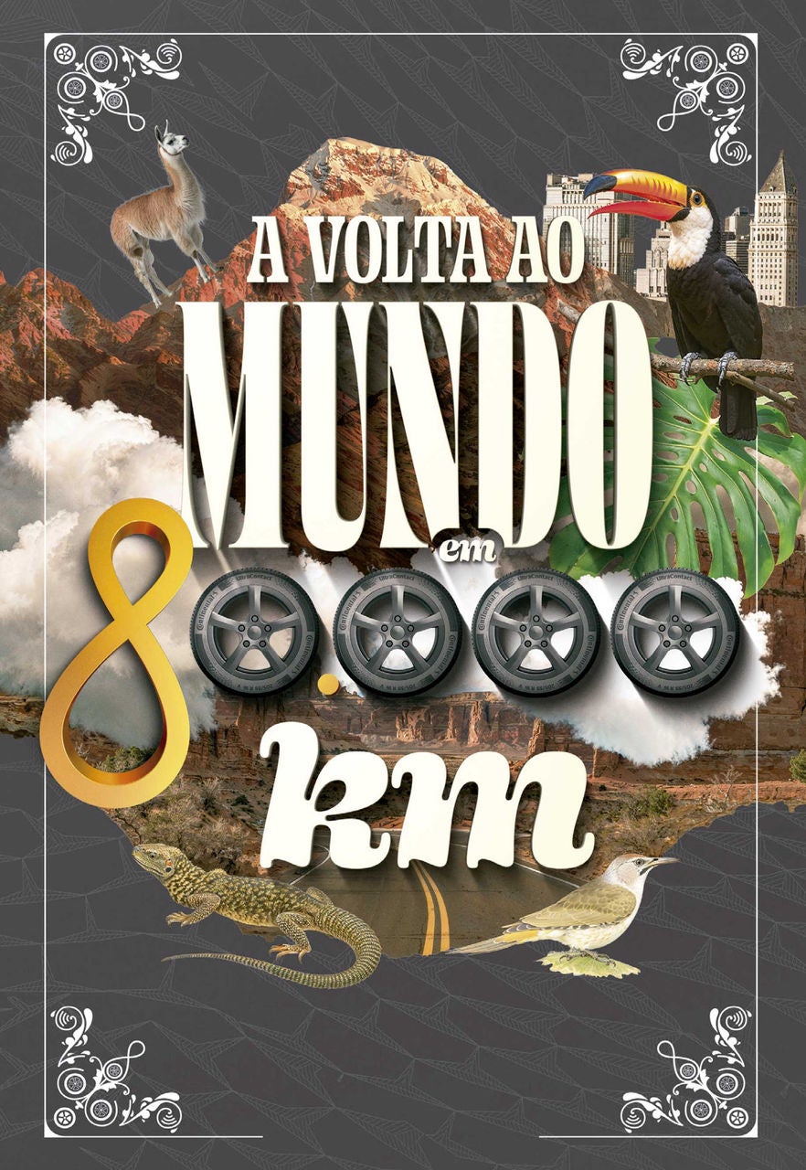 (Capa do livro "A Volta ao Mundo em 80.000 km", feito por ChatGPT com prompt da Continental Pneus, lançado para promover o pneu UltraContact. O título apresenta os números "80.000" representados por rodas de pneus UltraContact, enquanto o número "8" é estilizado como o símbolo do infinito, reforçando a durabilidade. Elementos visuais incluem uma lhama e um tucano, um lagarto e um pássaro, representando a diversidade geográfica, além de uma estrada que sugere a aventura de uma jornada global)