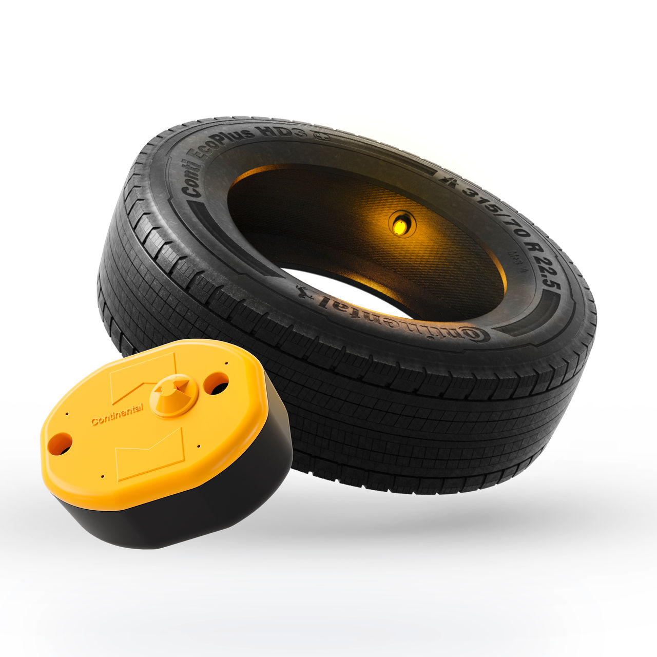 Foto de pneu Continental com sensor inteligente dentro instalado + imagem do sensor do pneu em grande escala na frente do pneu