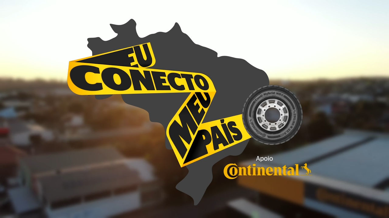 (arte da com logotipo da campanha Continental América Latina para pneus de carga "Eu Conecto Meu País", com mapa do Brasil e faixa conectando o país e pneu de carga da Continental no final com logo da Continental)